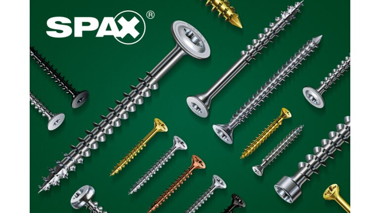 Diverse Produktbeispiele der SPAX Kohlenstoffstahlschraube auf grünem Hintergrund